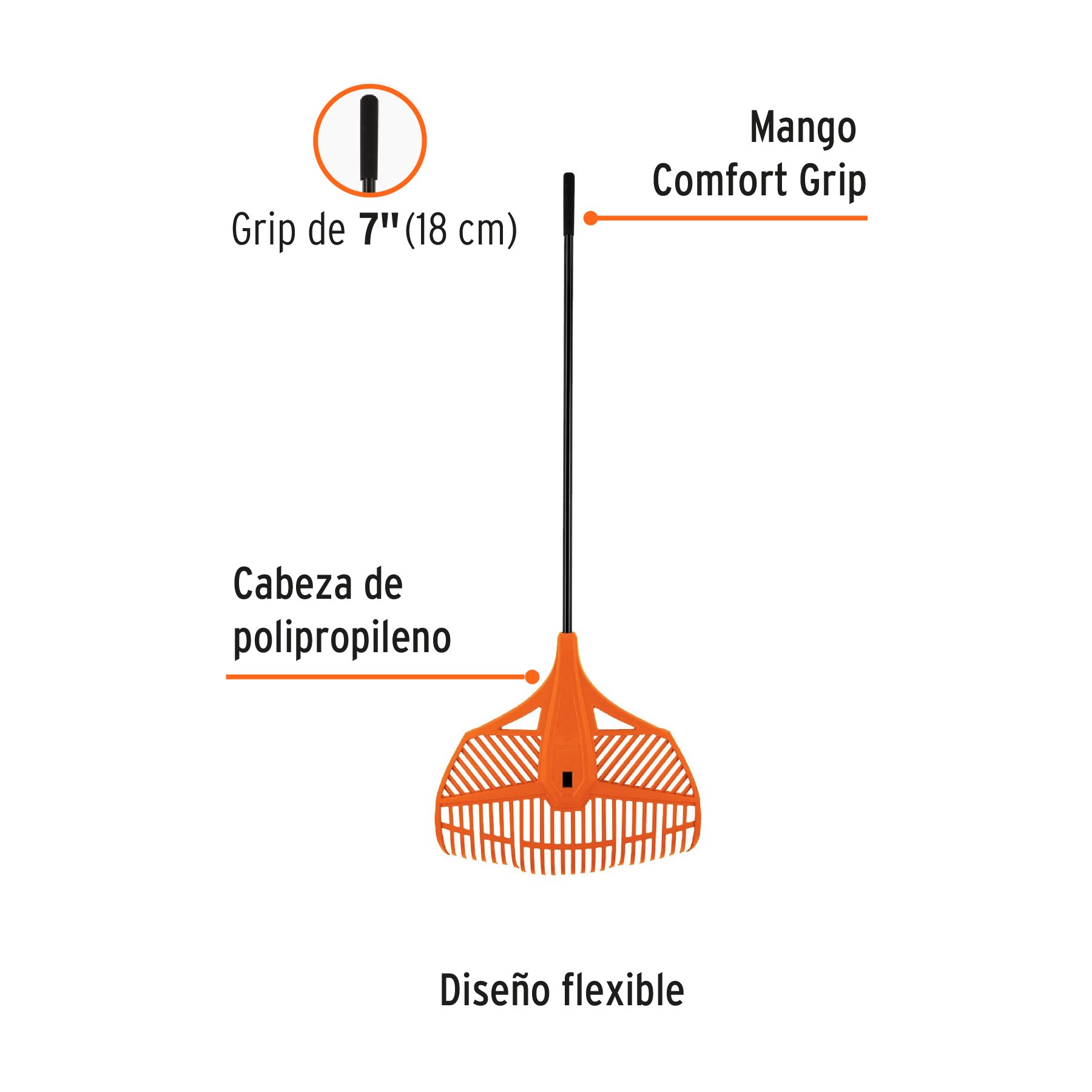 ESCOBA PLÁSTICA FLEX. P/JARDÍN, 26 DIENTES, MANGO ACERO 54" TRUPER 19881