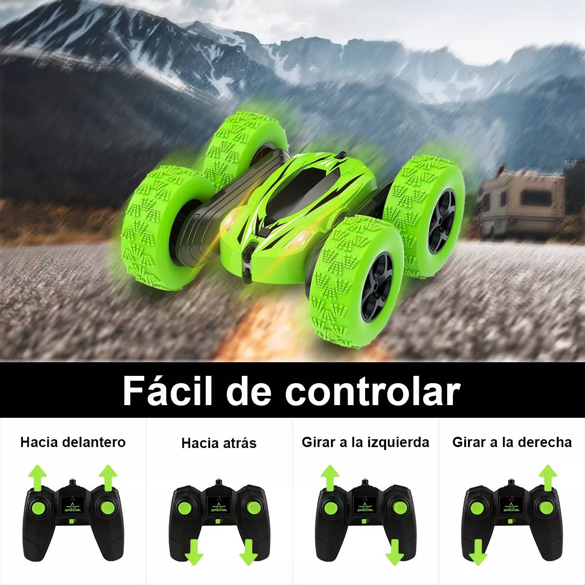 Carro Control Remoto Recargable Rotación De 360 Para Niños color VERDE