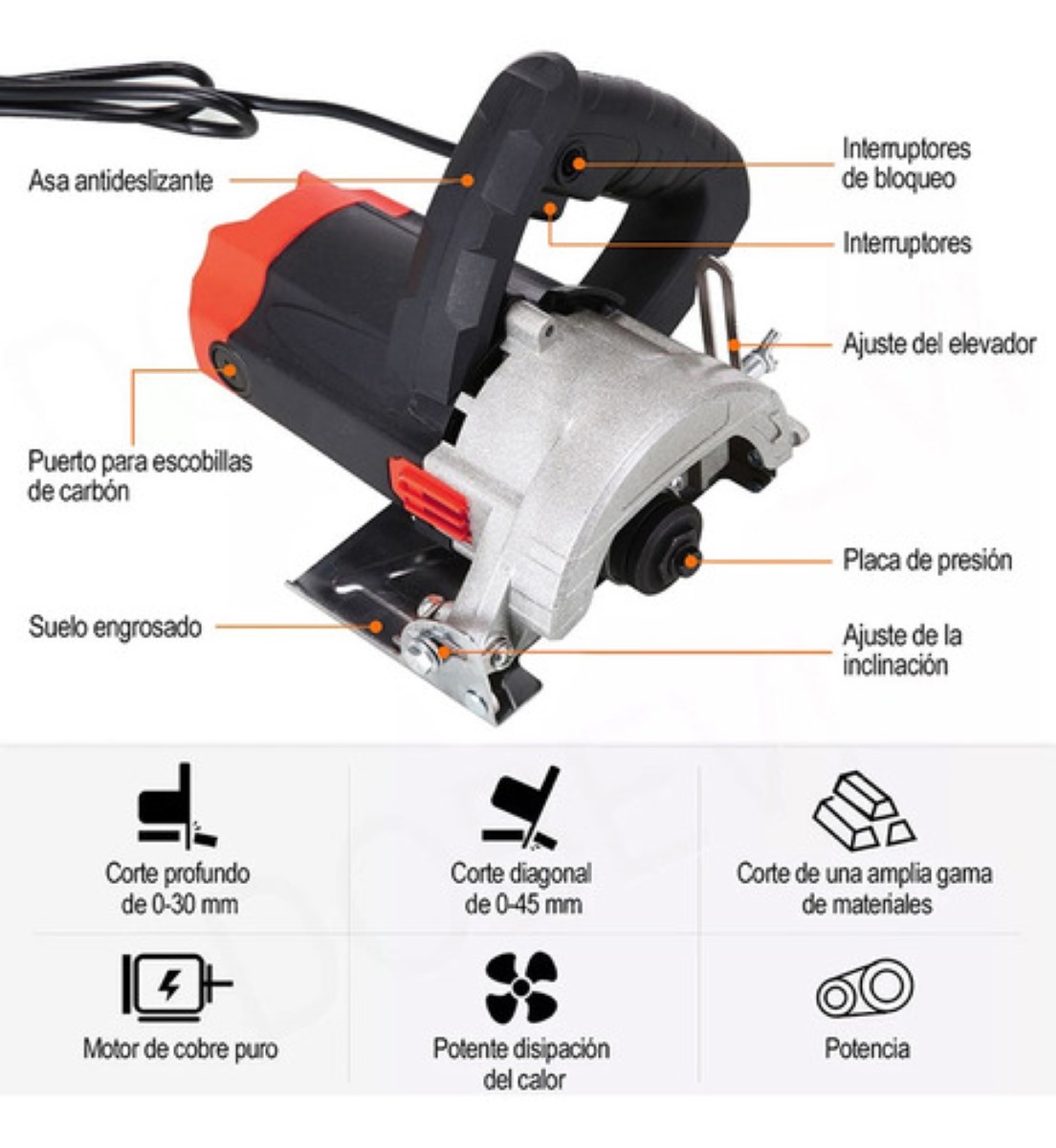 Sierra Circular Eléctrica Azulejo Cortador Madera 1600w Negro/Naranja