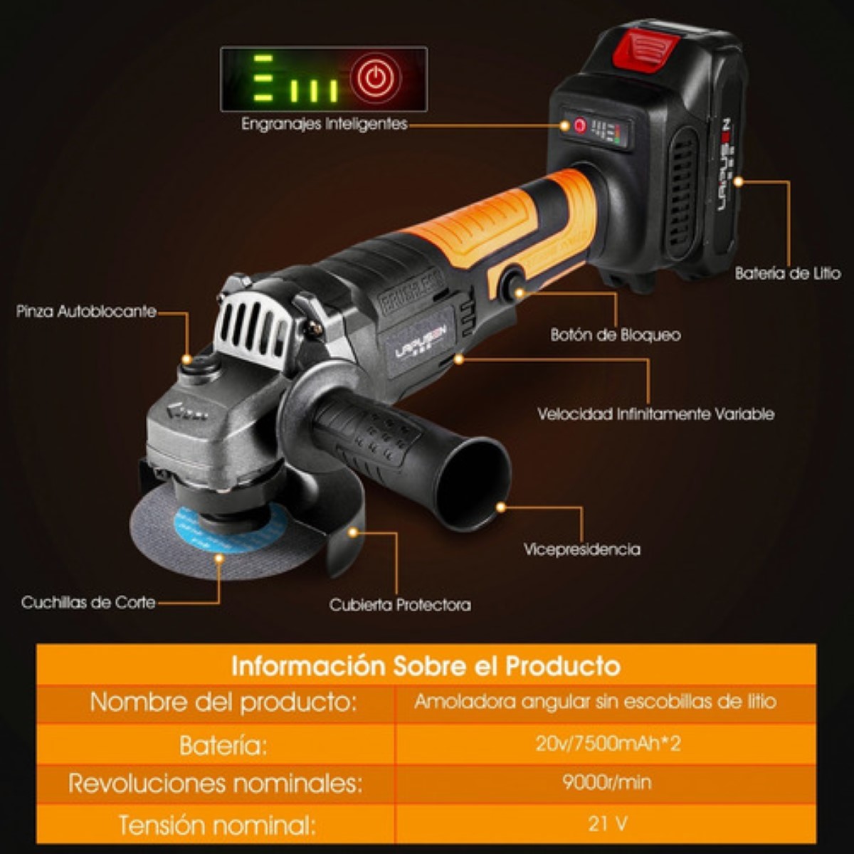 Esmeriladora Angular Eléctrica Inalámbrica Baterías 2 Pcs