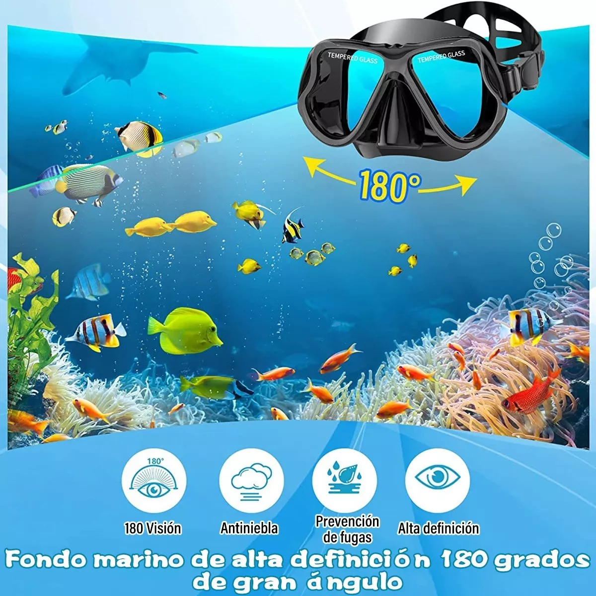 Gafas De Buceo Templado De Hd Snorkel Aletas Equipo De Buceo Negro