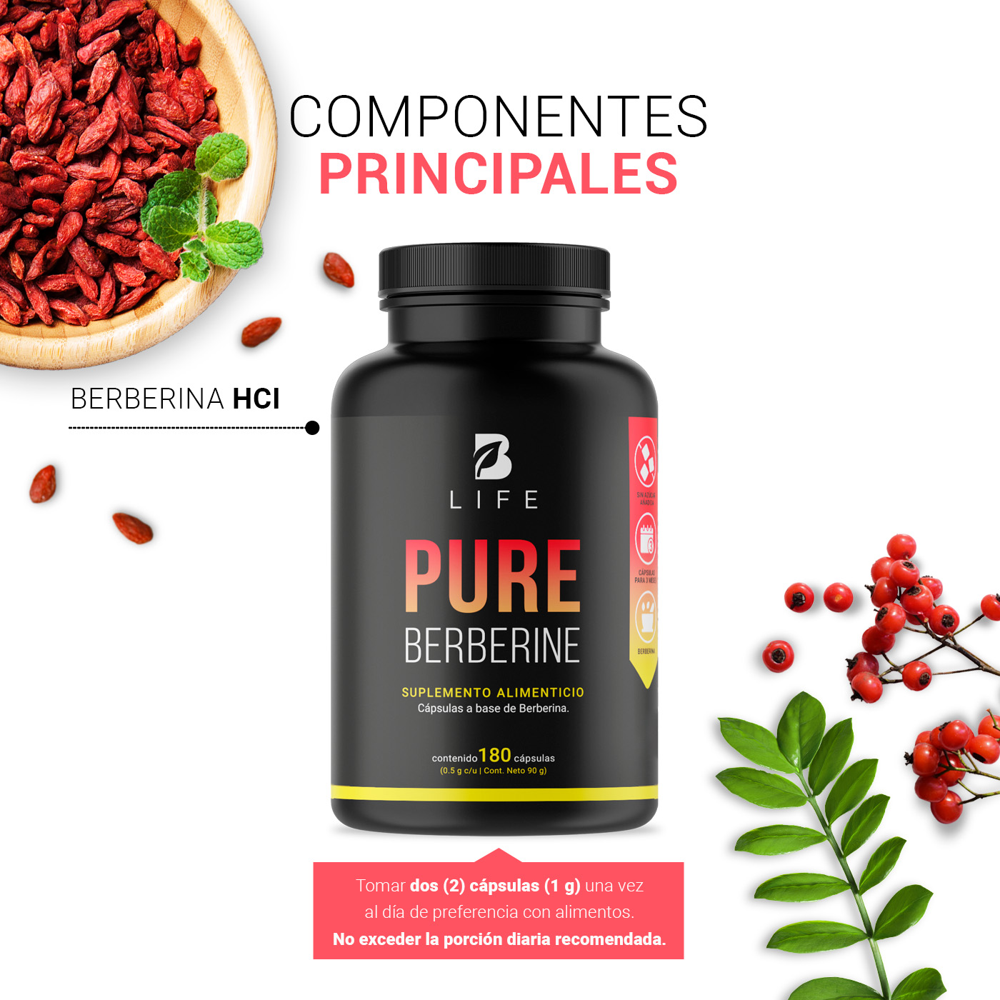 Berberina De 180 Cápsulas De 500mg. Pure Berberine. B Life
