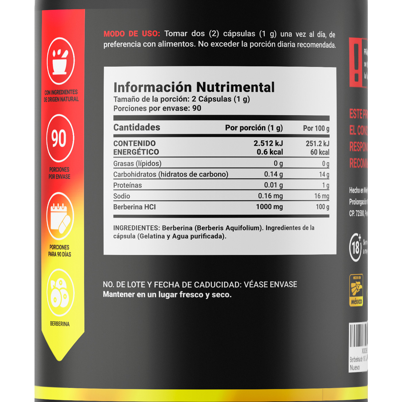 Berberina De 180 Cápsulas De 500mg. Pure Berberine. B Life