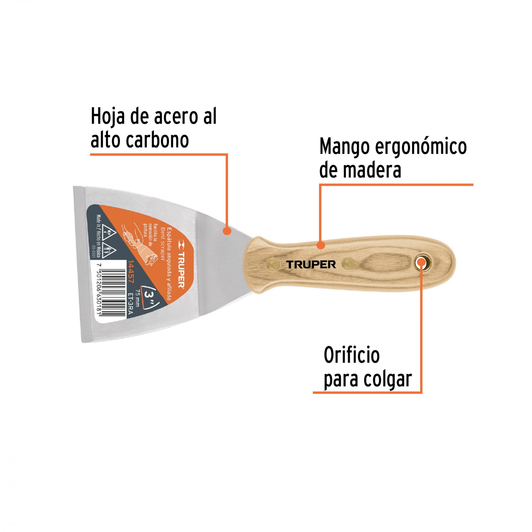 ESPÁTULA AFILADA Y ANGULADA 3" CON MANGO DE MADERA, TRUPER 14457