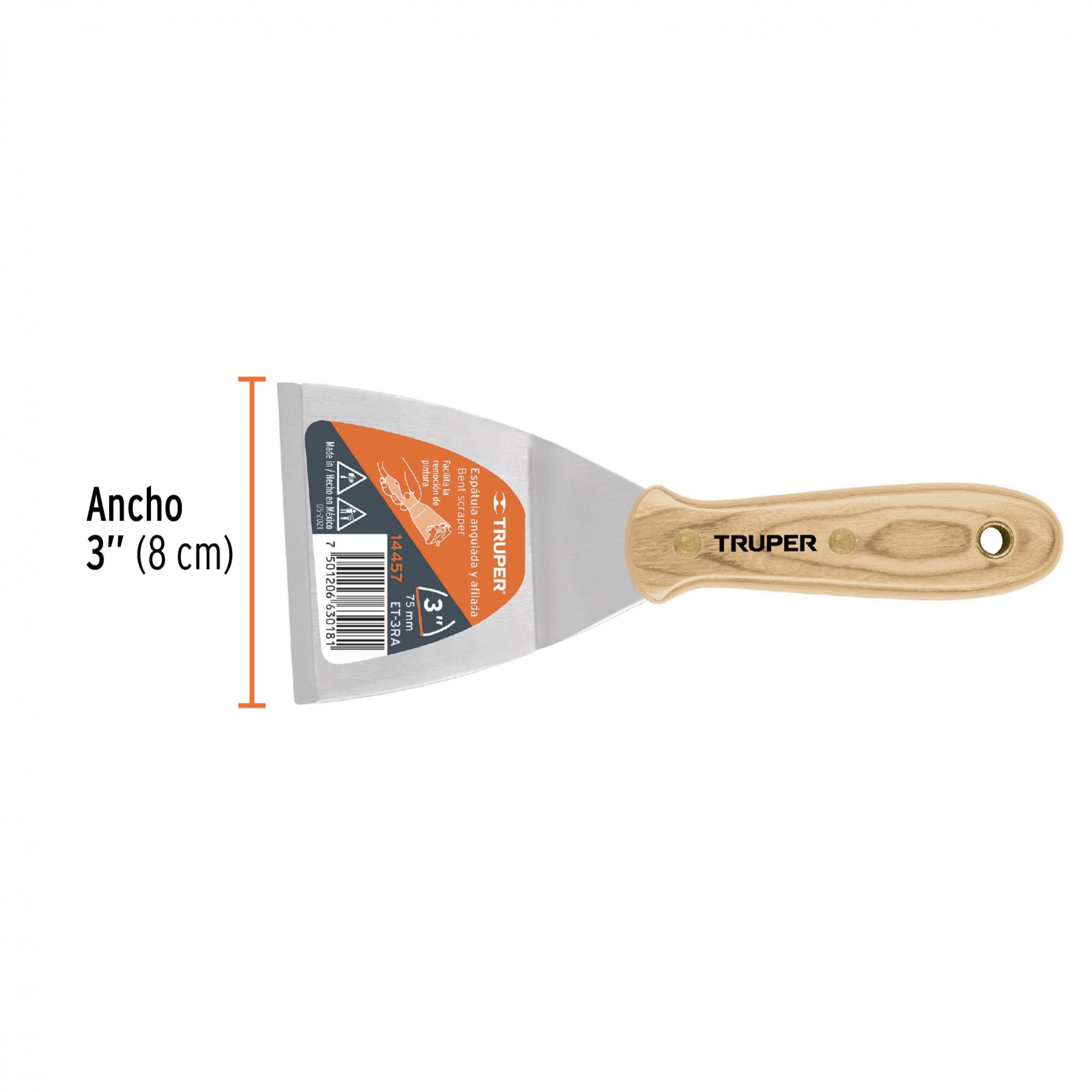 ESPÁTULA AFILADA Y ANGULADA 3" CON MANGO DE MADERA, TRUPER 14457