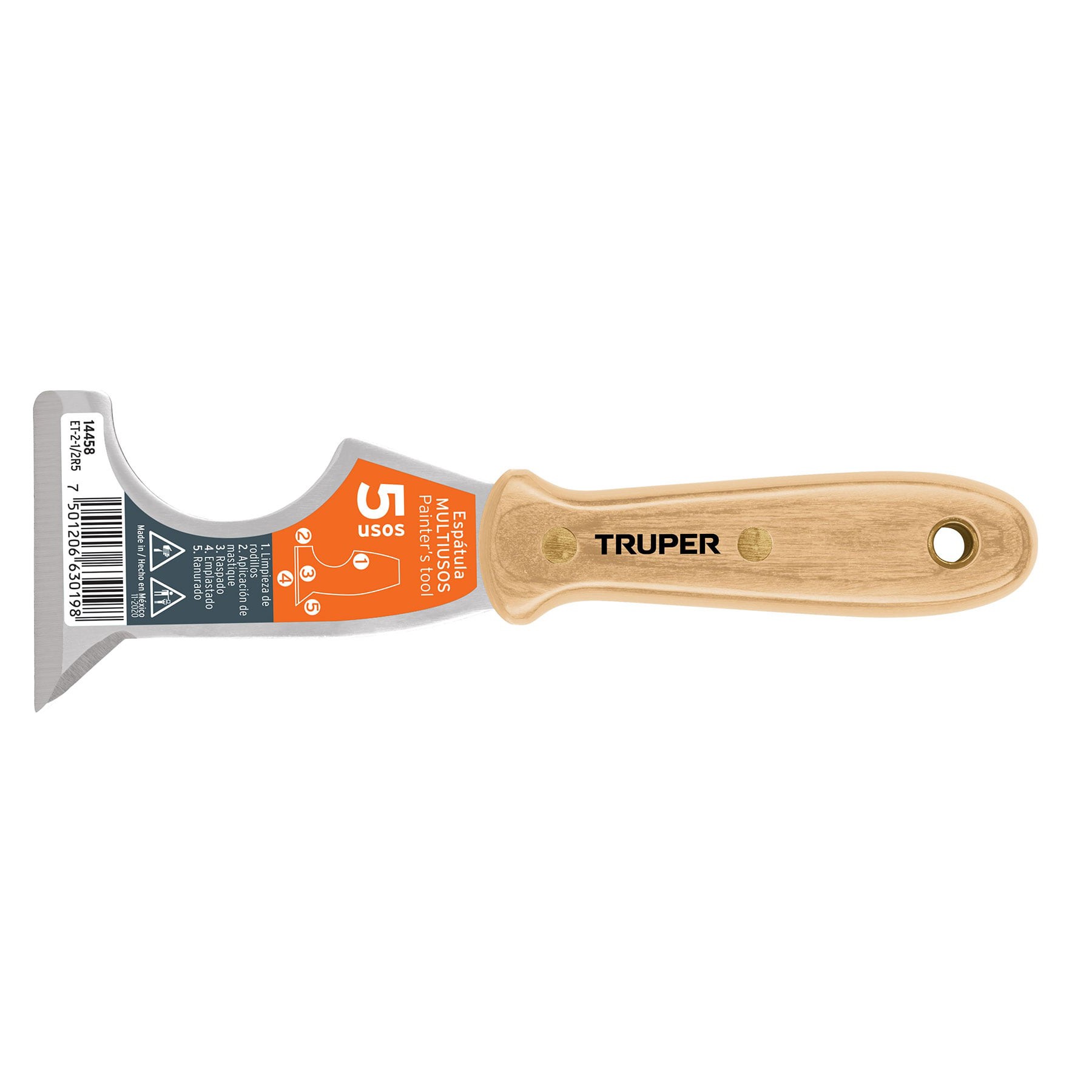 ESPÁTULA 2-1/2" DE 5 USOS CON MANGO DE MADERA, TRUPER 14458