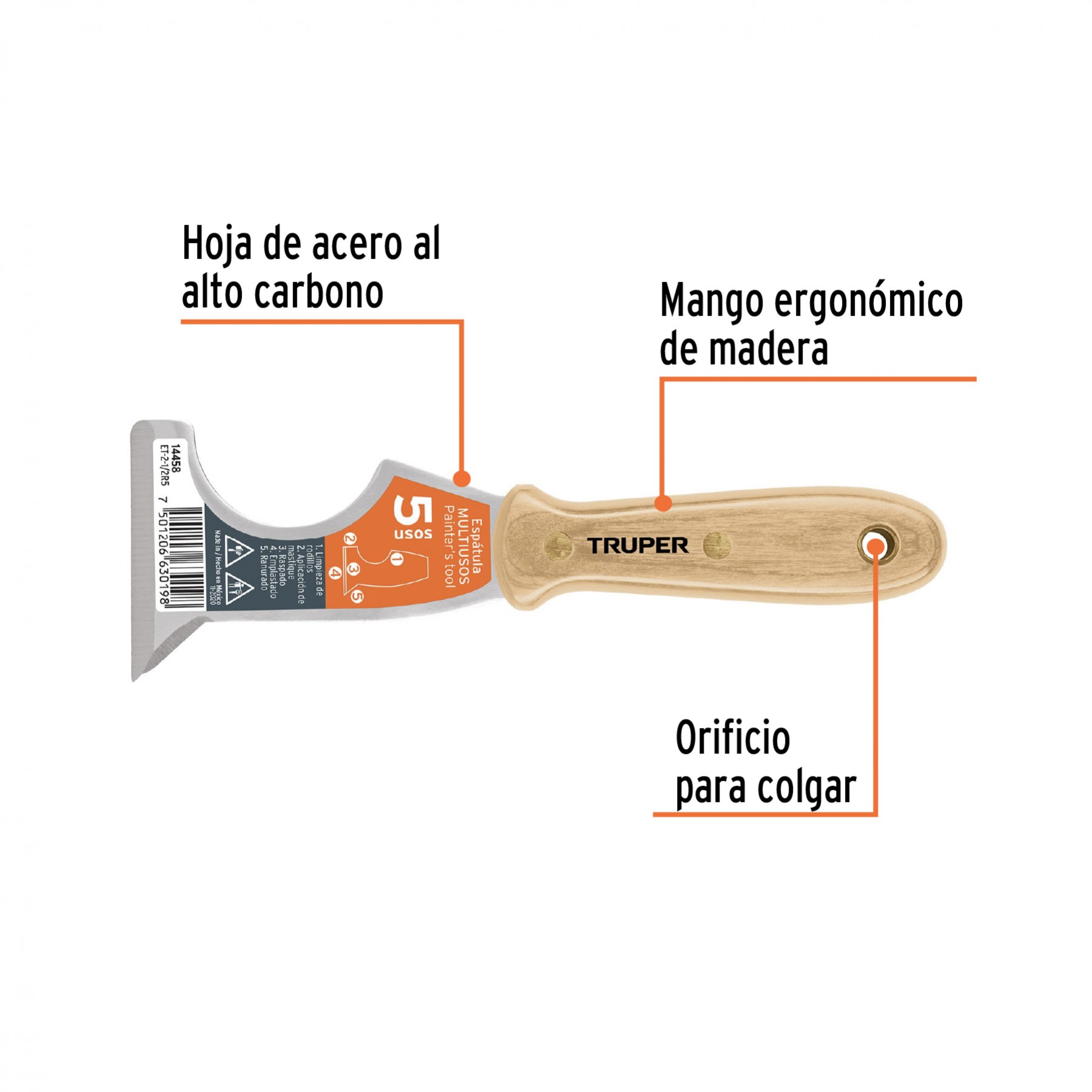 ESPÁTULA 2-1/2" DE 5 USOS CON MANGO DE MADERA, TRUPER 14458