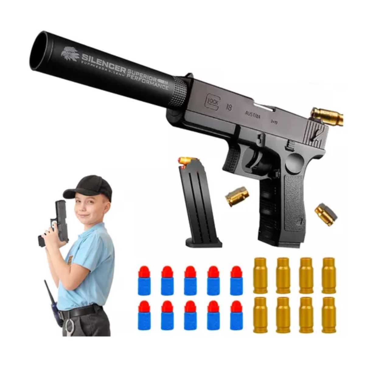 Pistola Juguete Balas Blandas Con Silenciador Regalo Niños, Negro