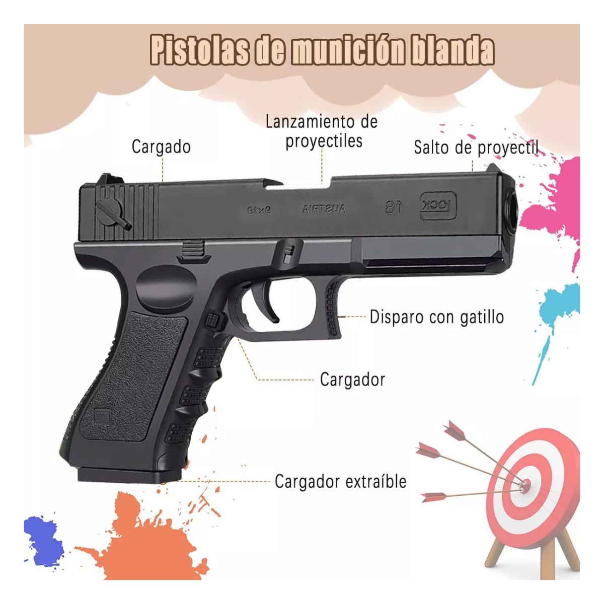 Pistola Juguete Balas Blandas Con Silenciador Regalo Niños, Negro