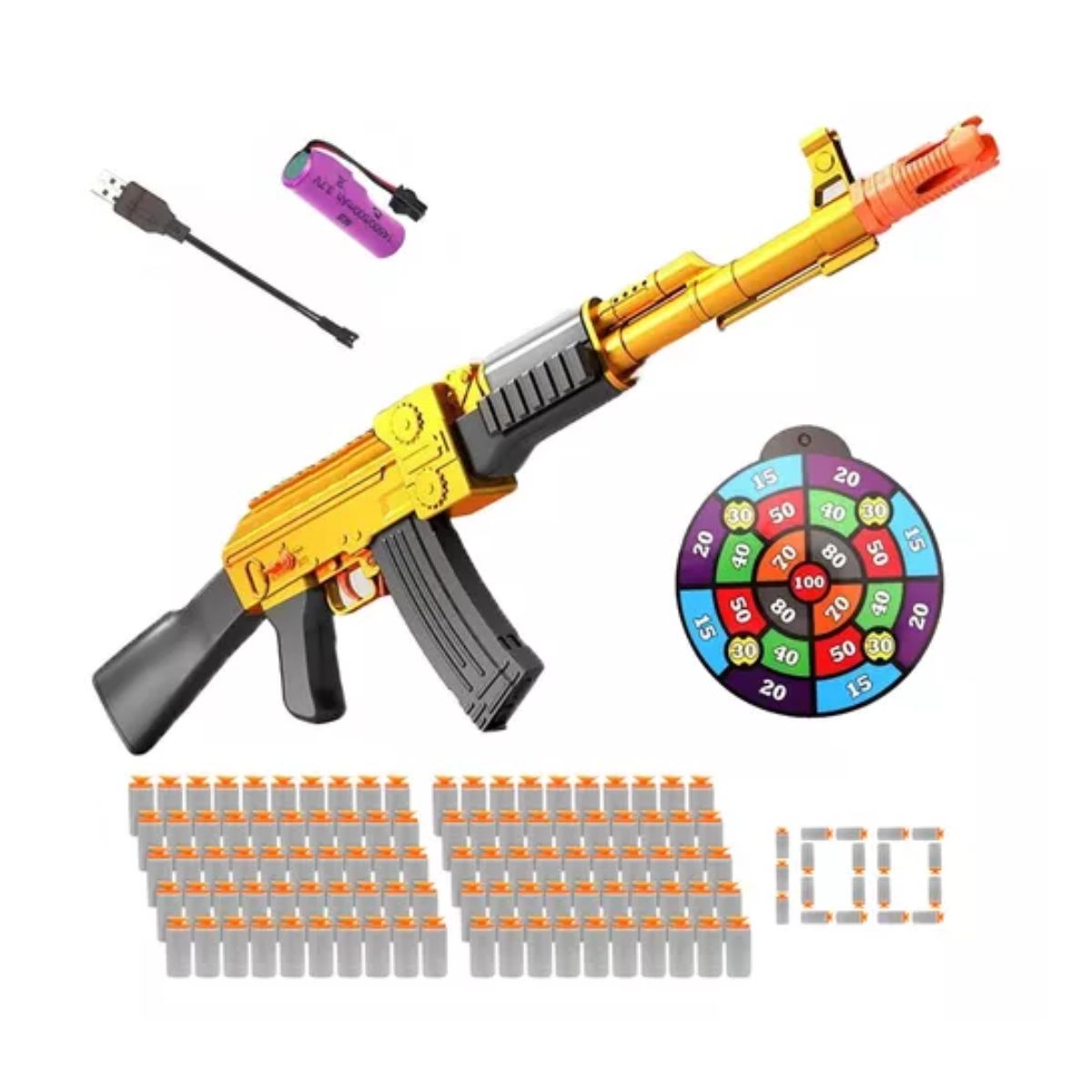 Pistola Juguete Automática Ak47 Con Dardos Y Objetivo Niños, Color Dorado