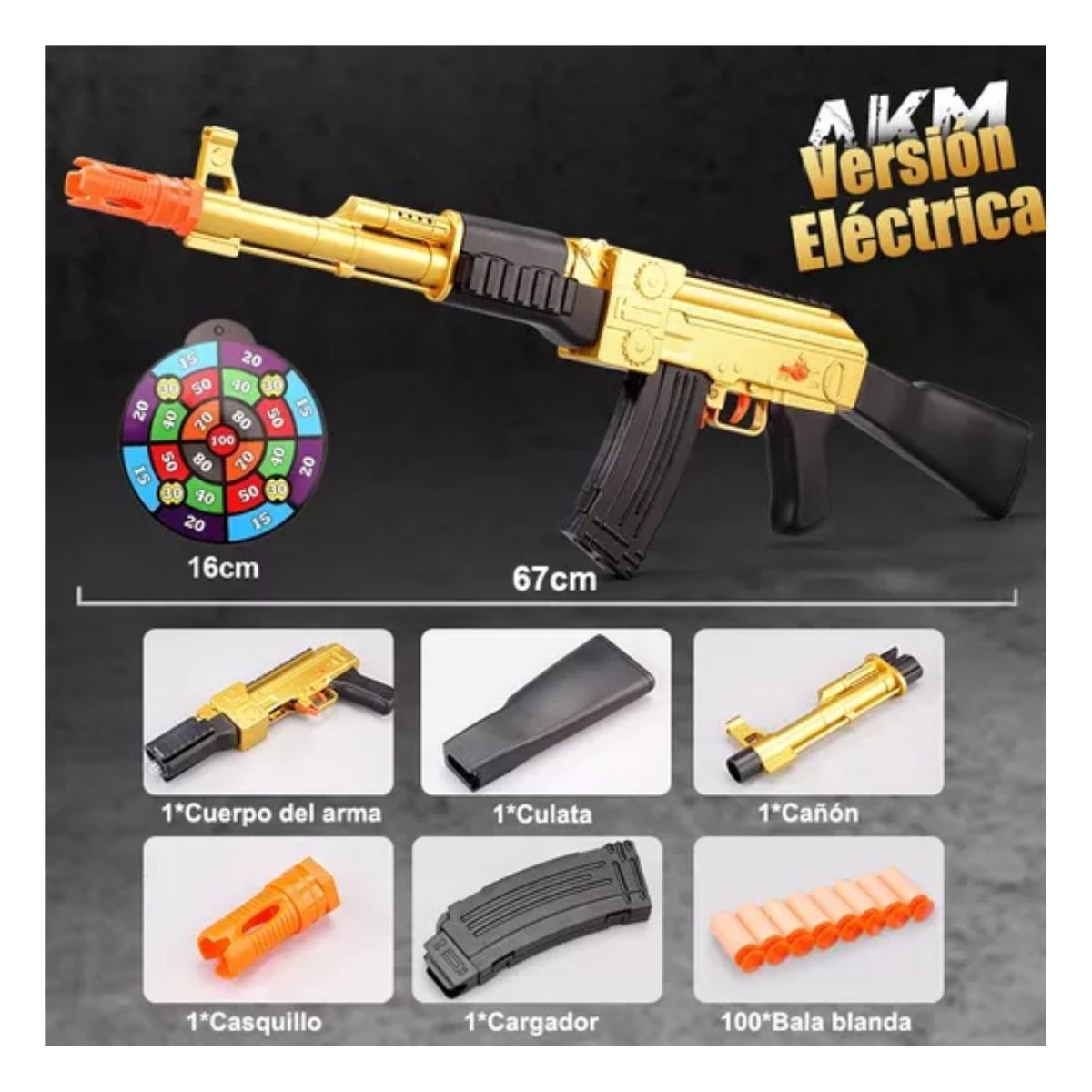 Pistola Juguete Automática Ak47 Con Dardos Y Objetivo Niños, Color Dorado