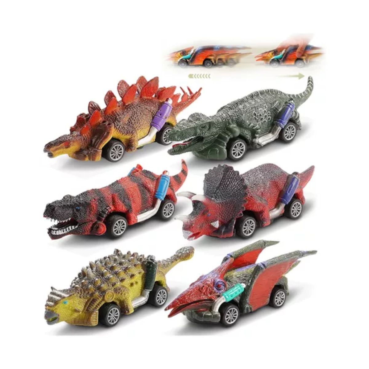 Juguetes De Dinosaurio 6 Carritos Coches Pull-back Tracción, Varios colores