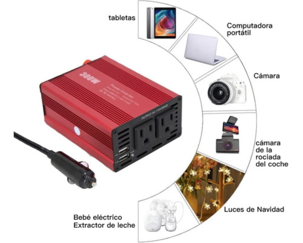 Inversor De Potencia De 300w Usb/ca Para Auto Rojo Oscuro 