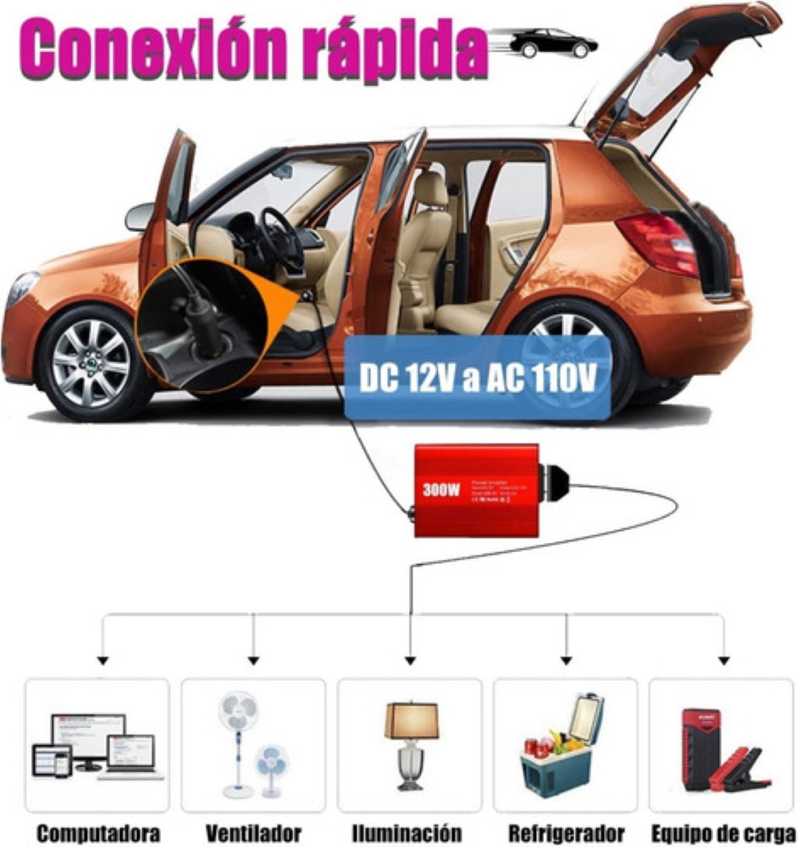 Inversor De Potencia De 300w Usb/ca Para Auto Rojo Oscuro 