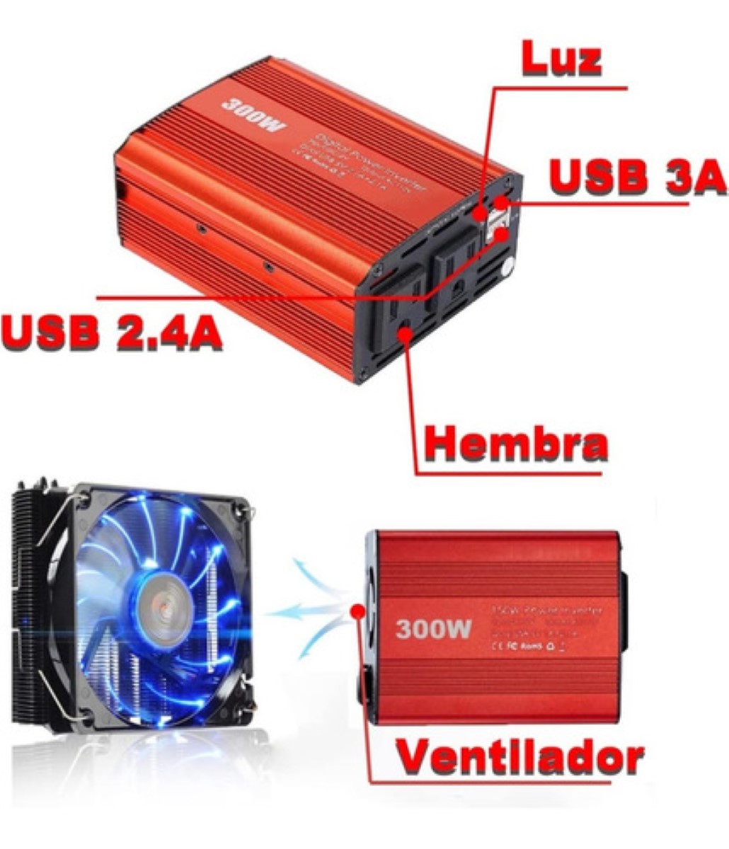 Inversor De Potencia De 300w Usb/ca Para Auto Rojo Oscuro 