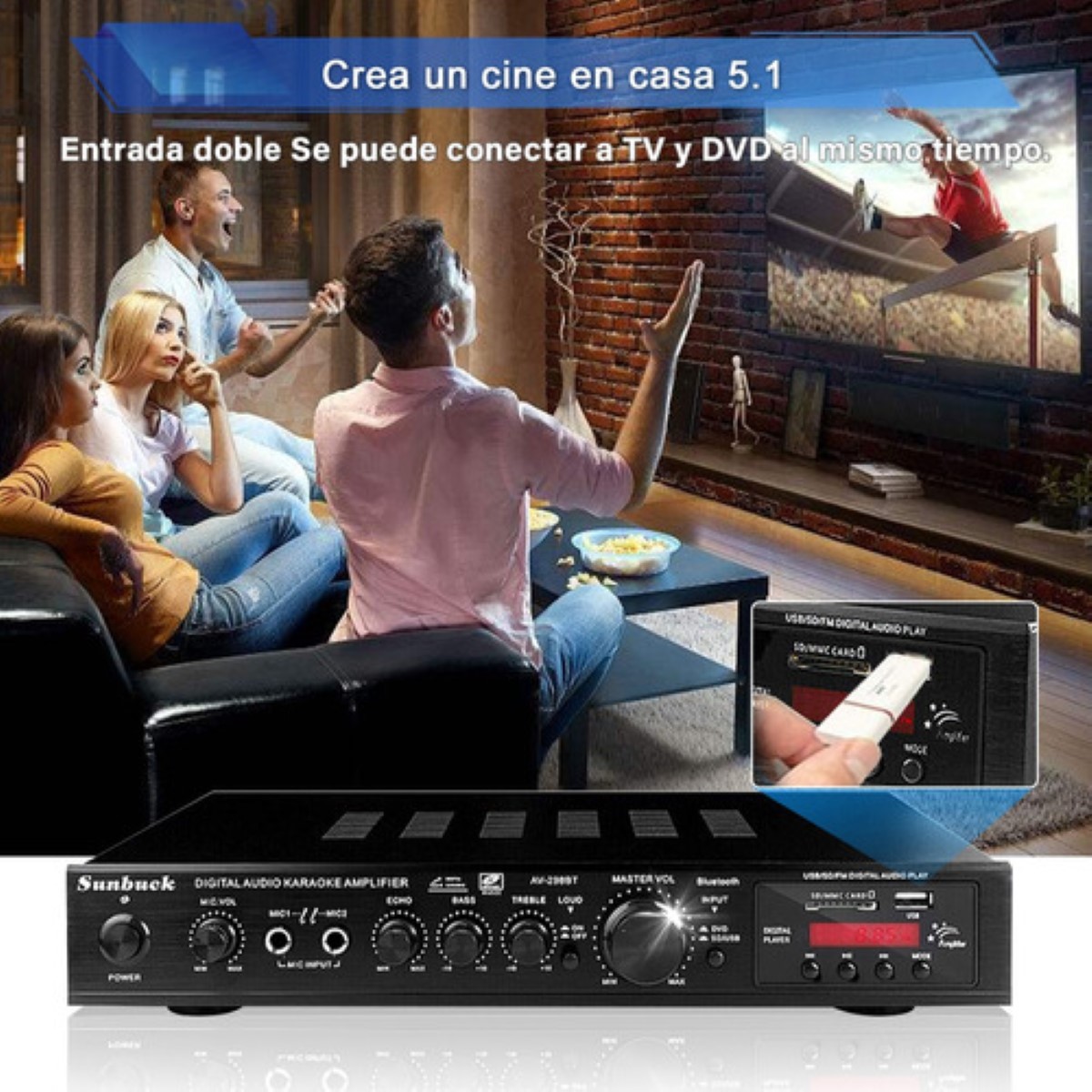 Amplificador De Audio Sunbuck Av-298bt De 5 Canales, 2000w Negro