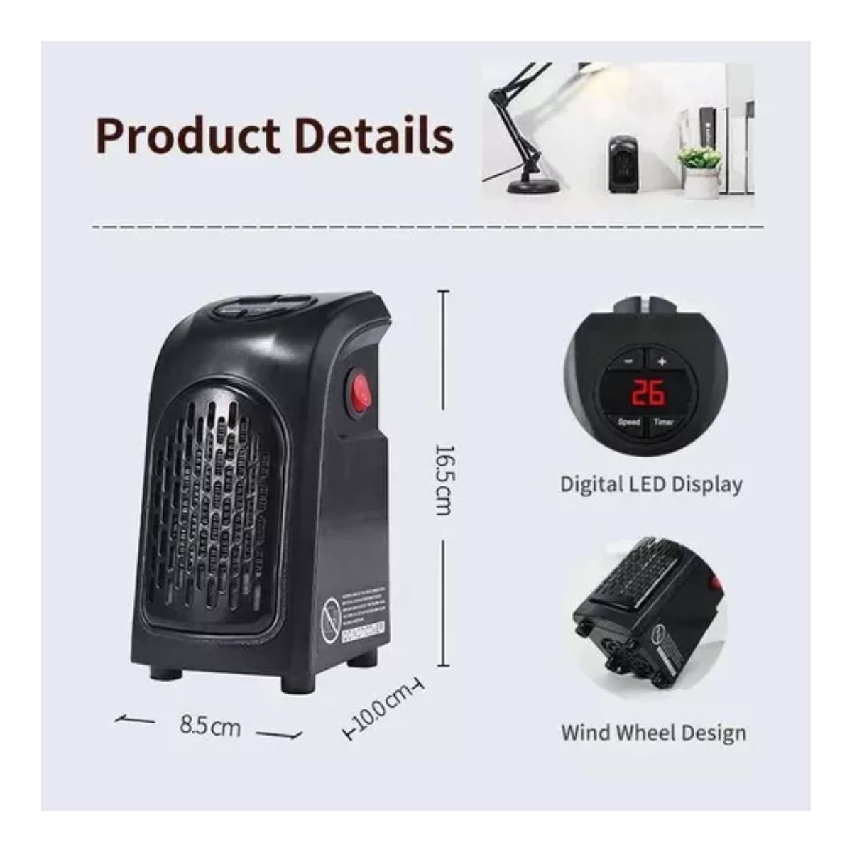 Calentador De Ambiente Pequeño Ajustable Hasta 32 C Negro 
