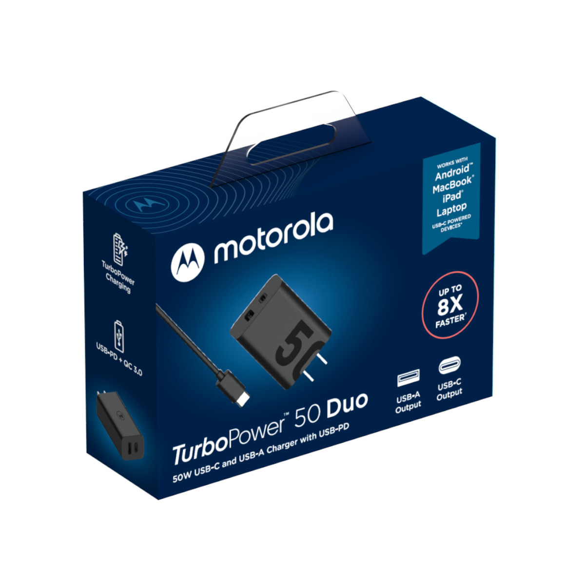 Cargador Motorola 50W salida Duo USB-A y USB-C Rápido PD.