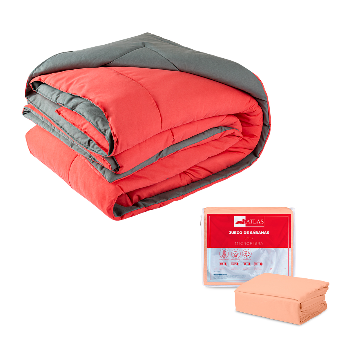 EDREDON 2 VISTAS CORAL / GRIS OBSCURO + SABANAS SALMÓN ATLAS | INDIVIDUAL
