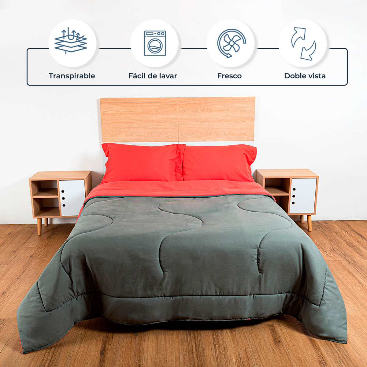 EDREDON 2 VISTAS CORAL / GRIS OBSCURO + SABANAS SALMÓN ATLAS | INDIVIDUAL