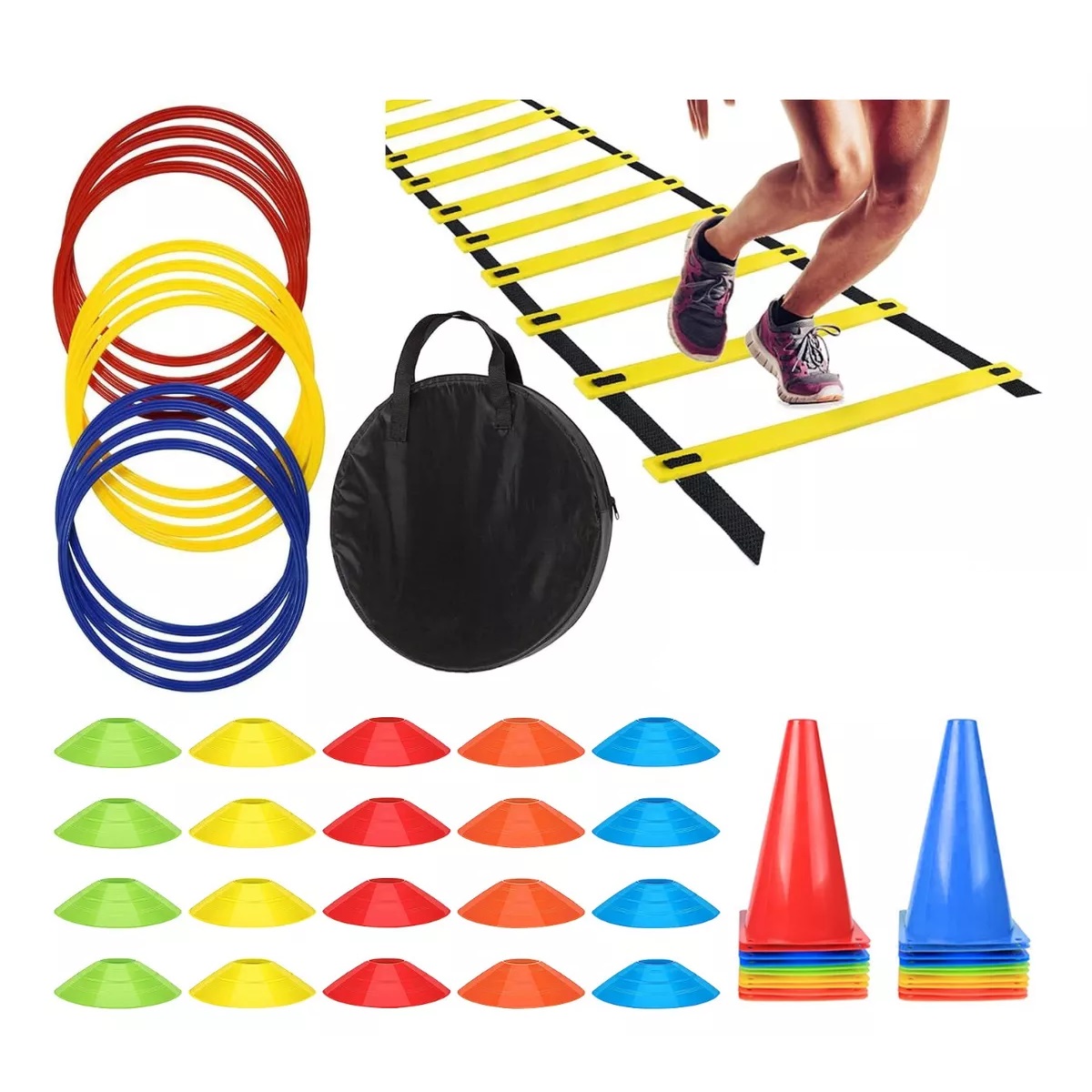 Kit Entrenamiento 20 Conos + 20 Platos + 12 Aros + 1escalera
