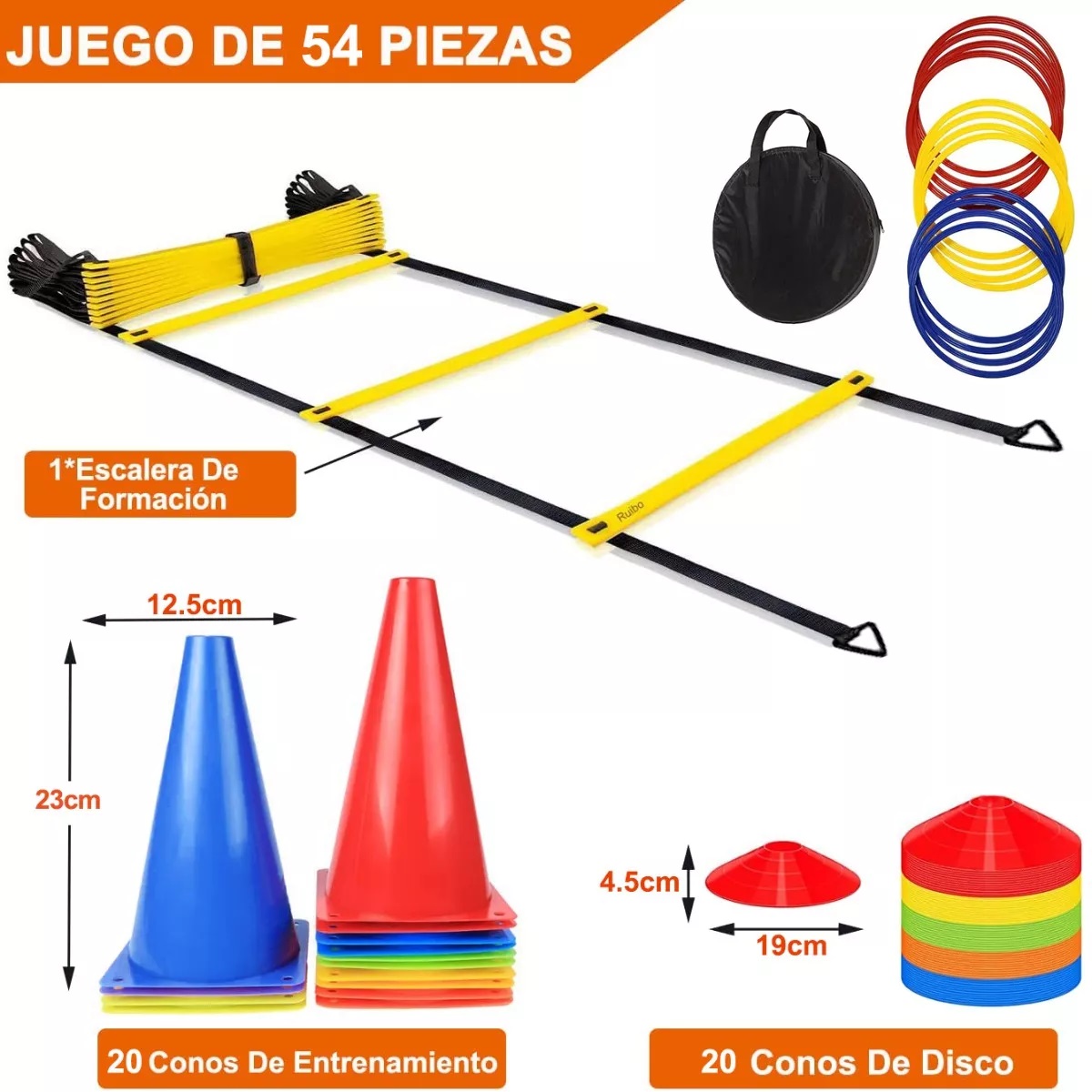 Kit Entrenamiento 20 Conos + 20 Platos + 12 Aros + 1escalera