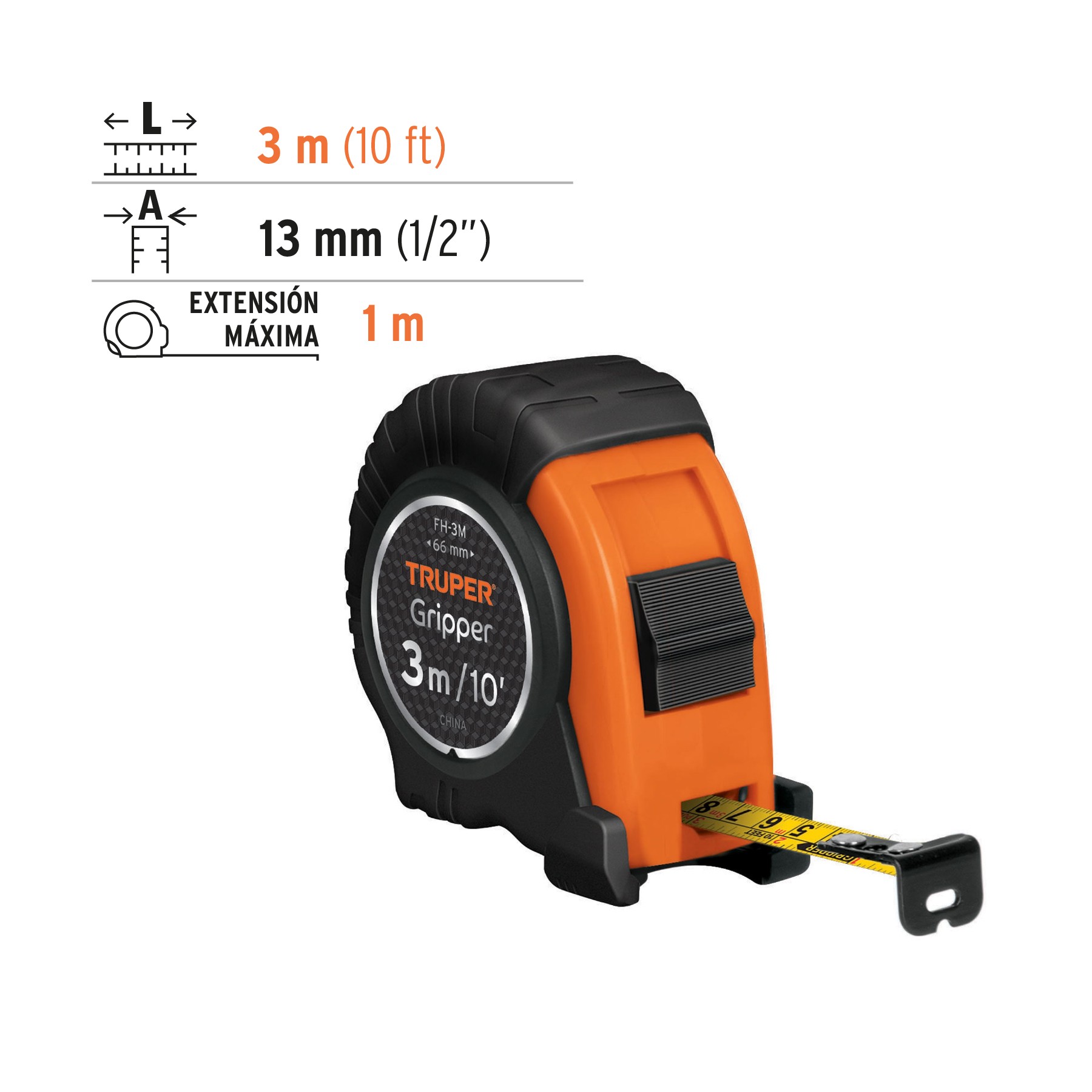 FLEXÓMETRO GRIPPER CONTRA IMPACTOS 3 M CINTA 13 MM, TRUPER 14577