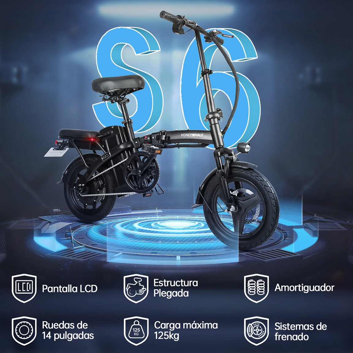 Bicicleta Eléctrica Plegable Honey Whale S6-S Negro