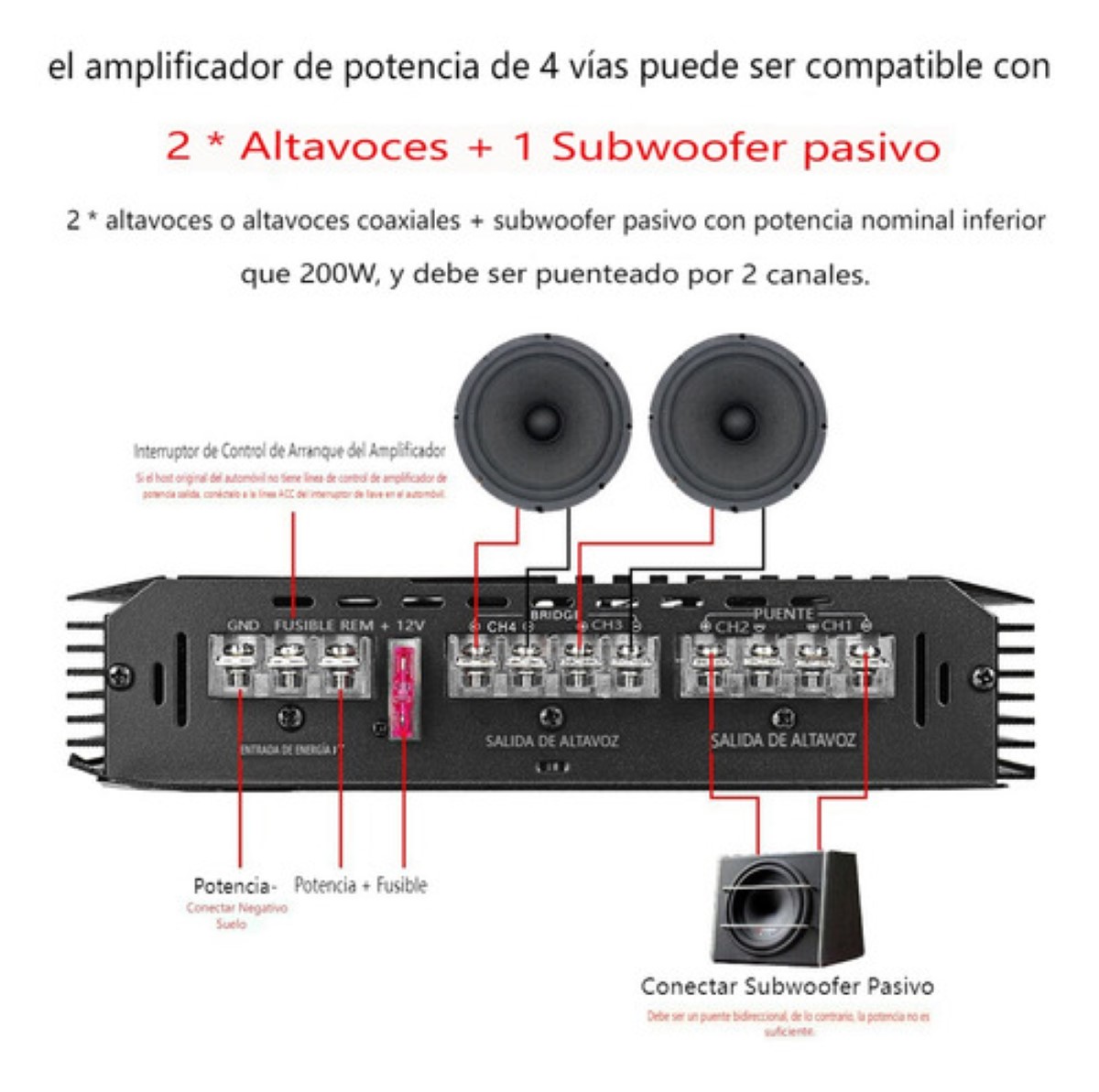 Amplificador De Audio Para Auto, 4 Canales 12.0v Negro .