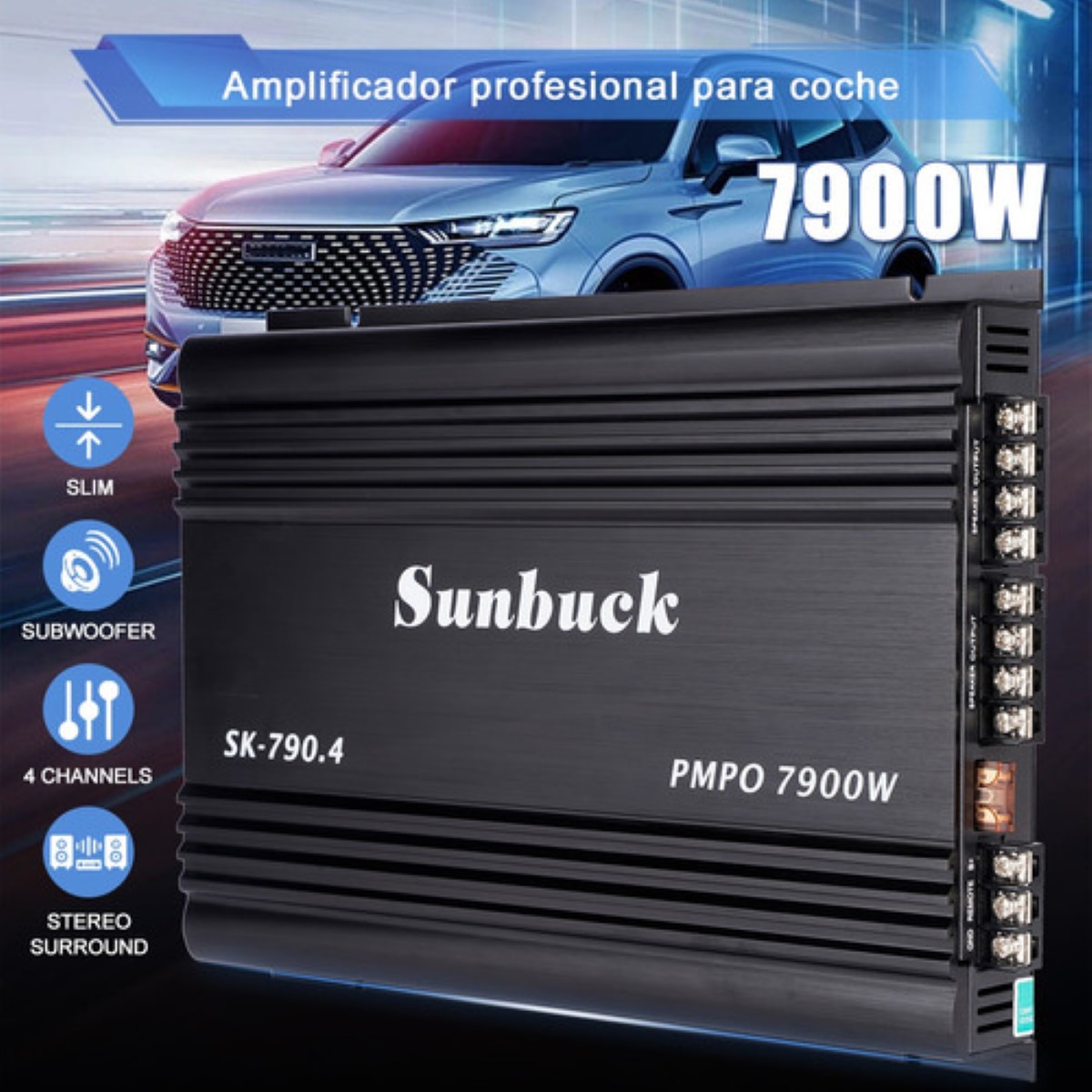 Amplificador De Audio Para Auto 4 Canales Sunbuck 7900w Negro 