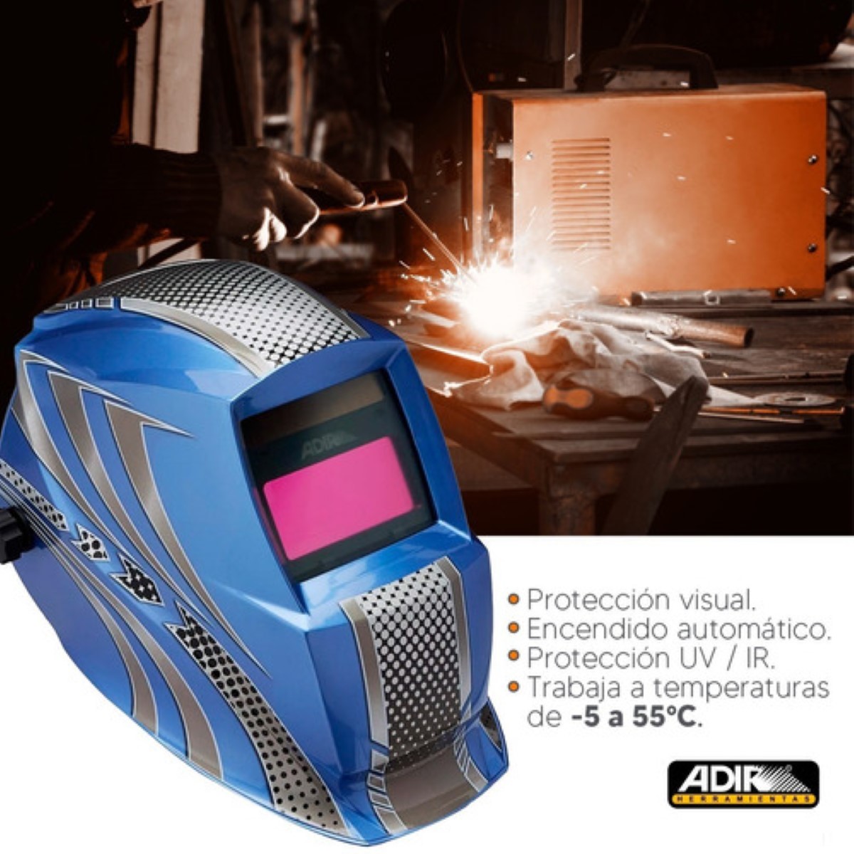 Careta Electrónica Soldar Automática Azul Con Gris Adir 6713