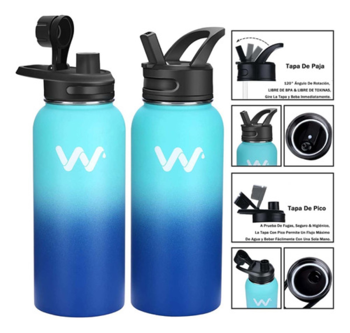 Termo Botella Acero Inoxidable Frio Caliente Portatil 32oz Azul degradado