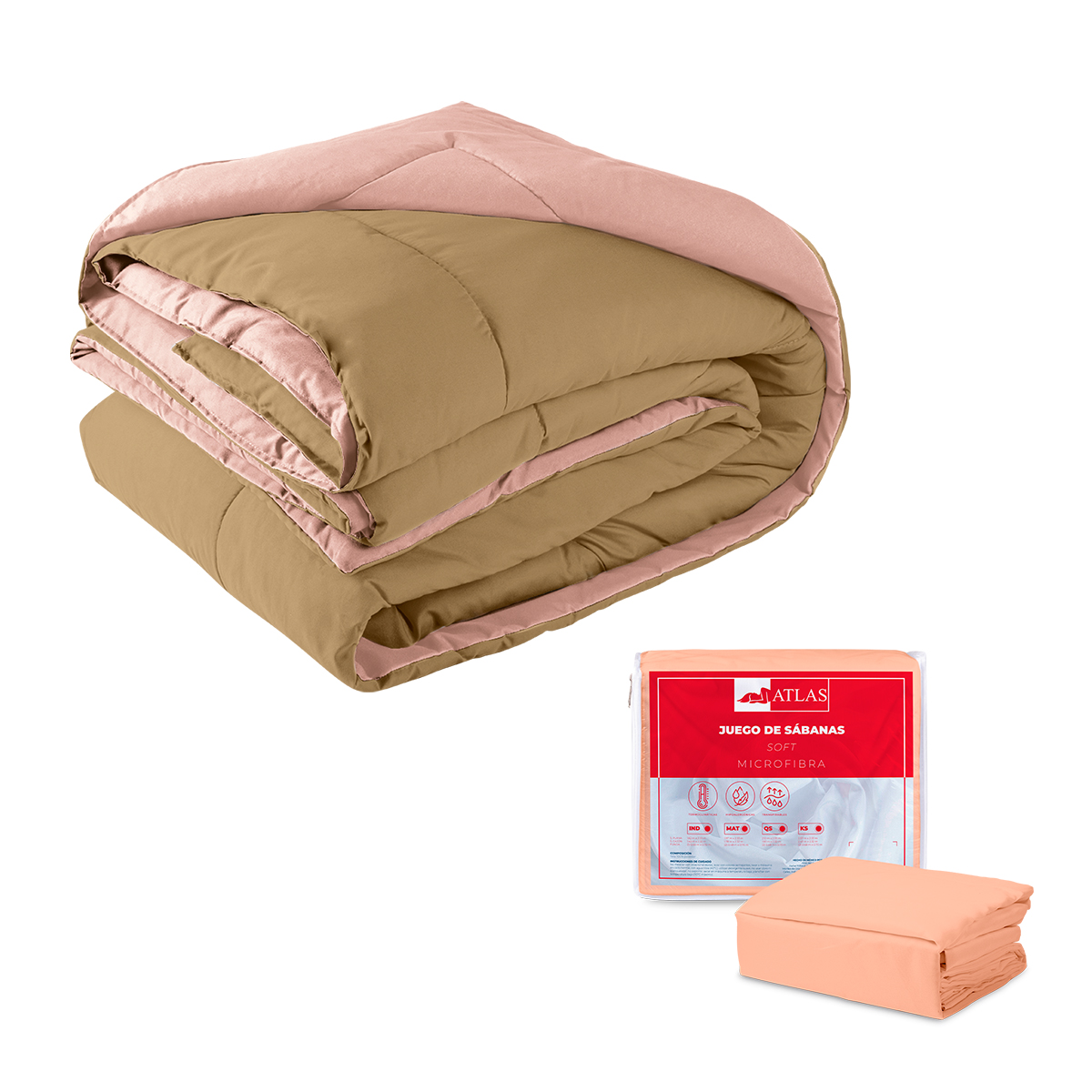 EDREDON 2 VISTAS SALMON / KHAKI + SABANAS SALMÓN ATLAS | MATRIMONIAL