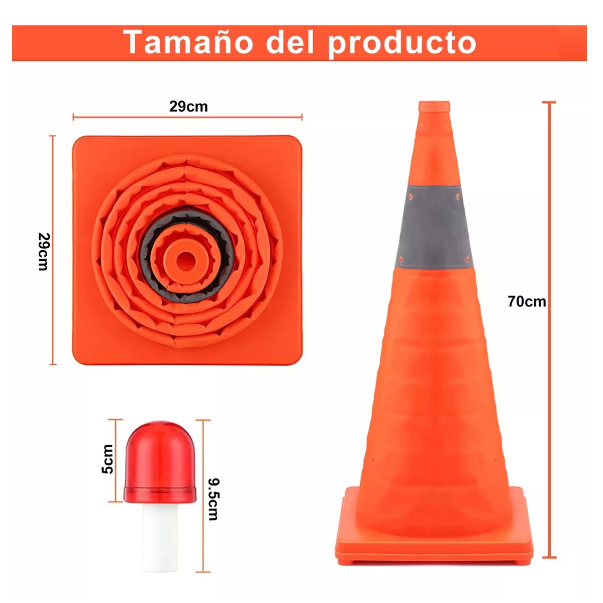 Par 2 Pcs Cono De Seguridad Con Luz Y Reflejante Plegable 70cm