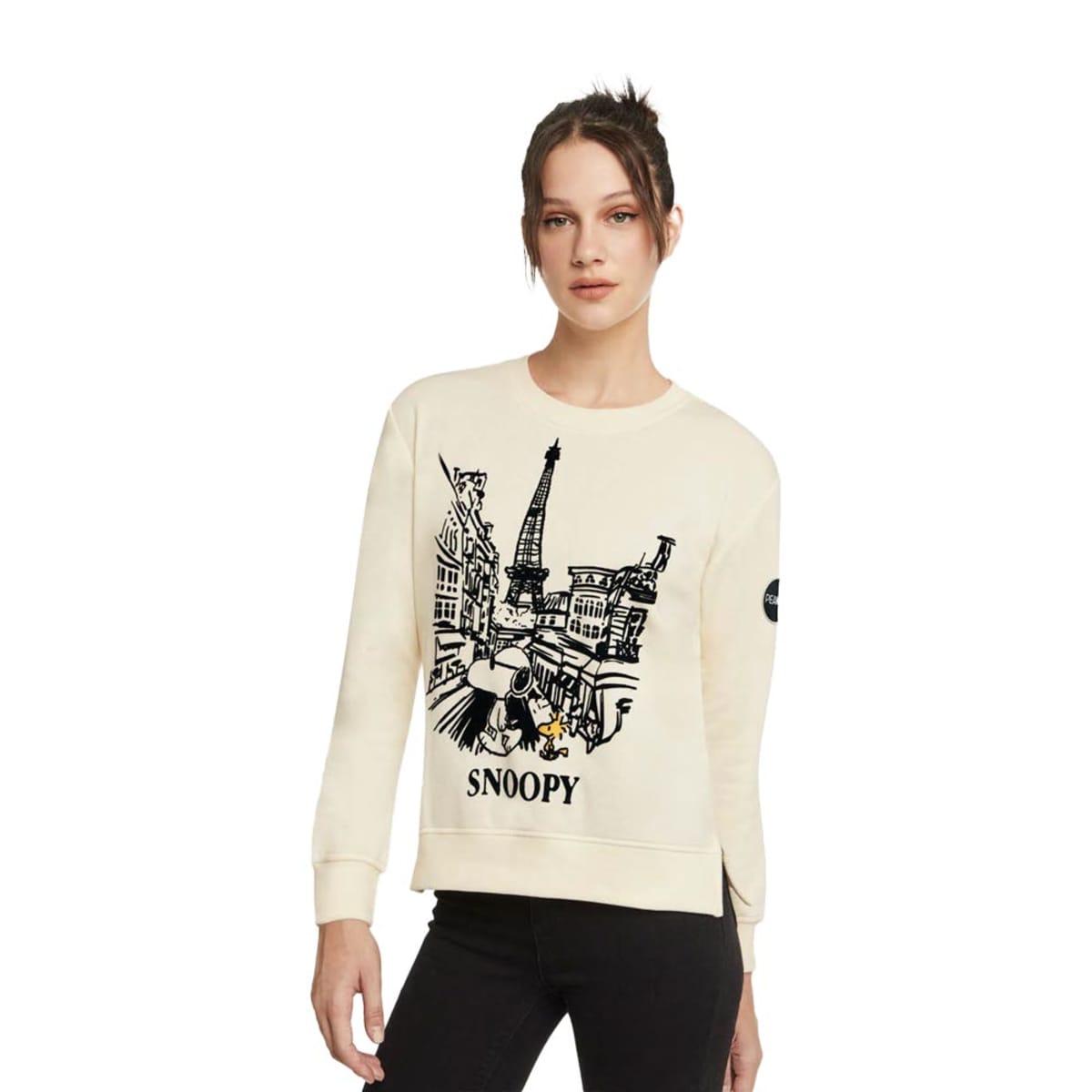 Sudadera color marfil para mujer de Snoopy en París, mod. 1092190