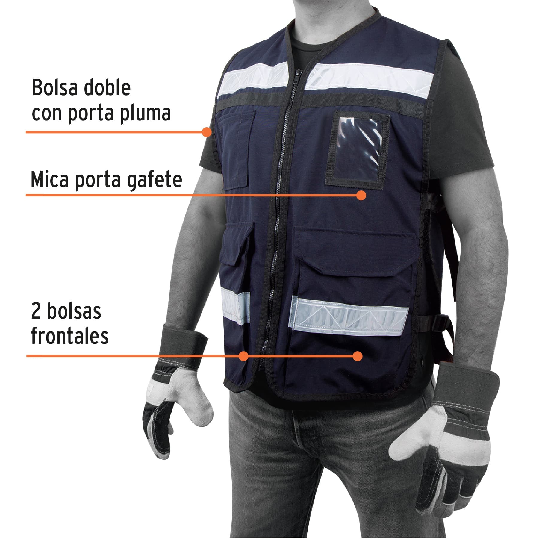 CHALECO BRIGADISTA CON CINTAS REFLEJANTES, COLOR AZUL MARINO TRUPER 14667