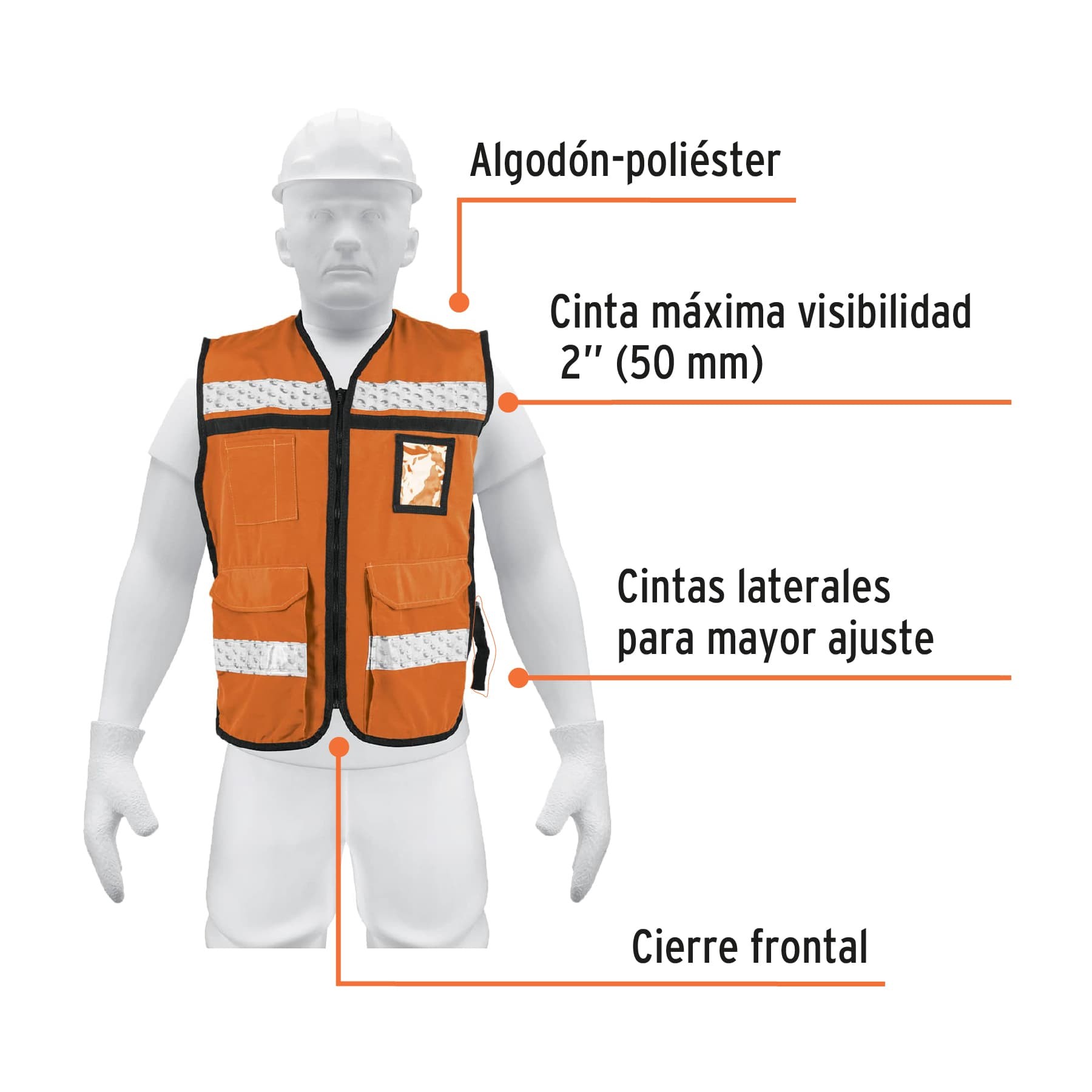 CHALECO BRIGADISTA CON CINTAS REFLEJANTES, COLOR NARANJA TRUPER 14669