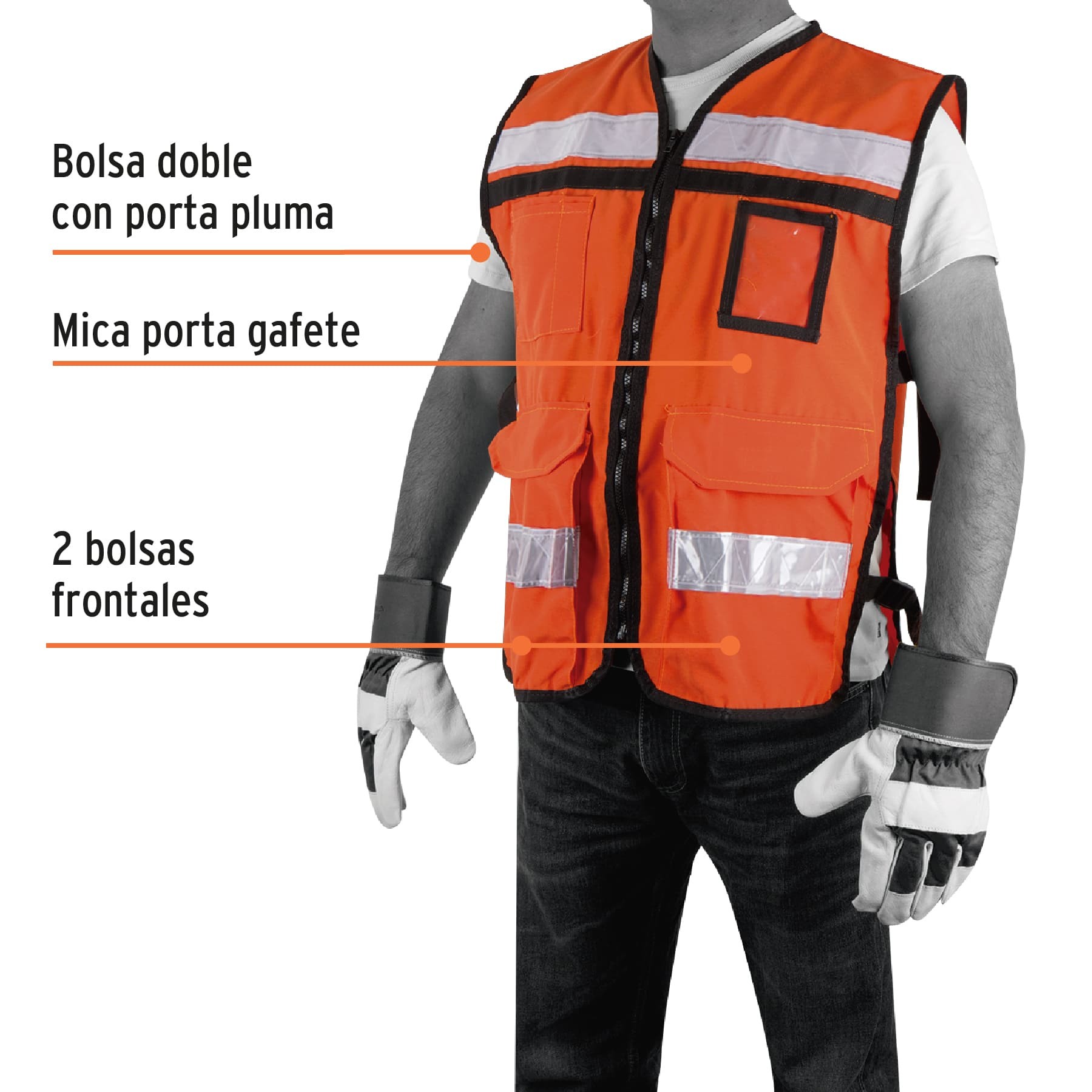 CHALECO BRIGADISTA CON CINTAS REFLEJANTES, COLOR NARANJA TRUPER 14669