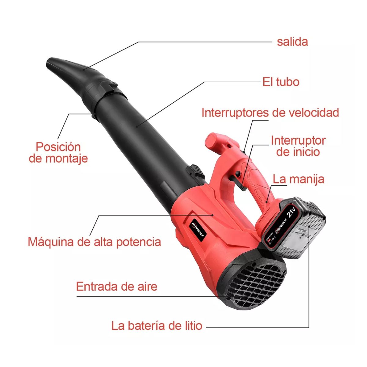 Sopladora Eléctrico Inalámbrico Soplador De Aire 21v 450cfm Negro/Rojo