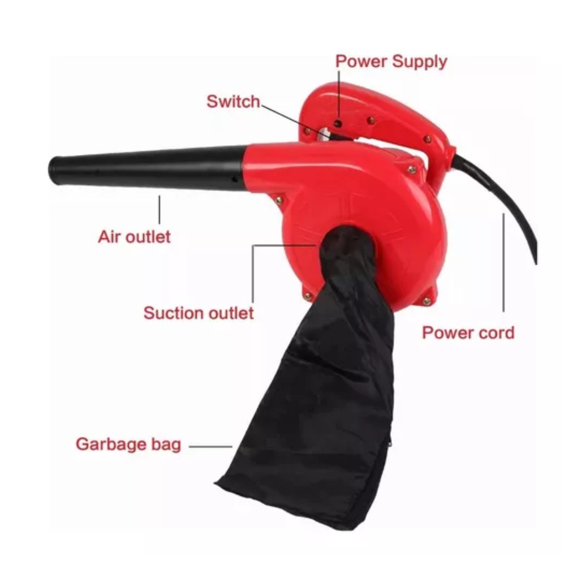 Sopladora Eléctrica Alta Potencia Barredora De Aire 1000w Rojo con Negro