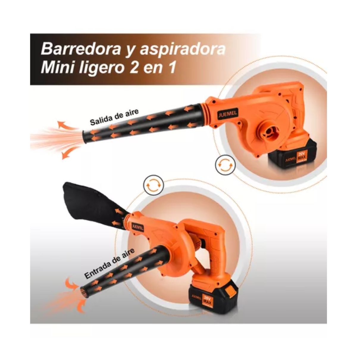 Soplador De Aire Inalámbrico Recargable Juemel C/2 Baterías Naranja/negro