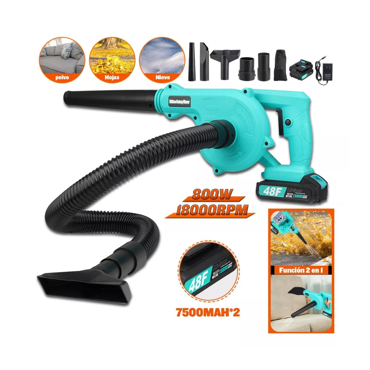 Soplador De Aire Electrica Inalámbrico Aspiradora 2 Baterías Verde Aqua