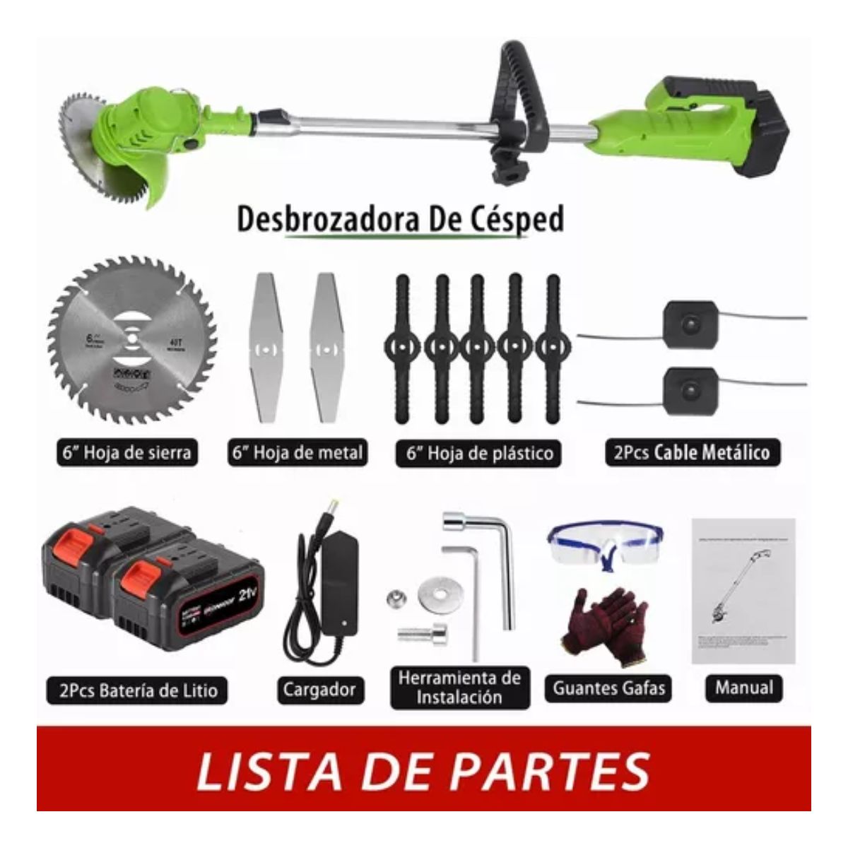 Desbrozadora Podadoras Pasto Eléctrica Inalámbrica 1800w 21v Verde