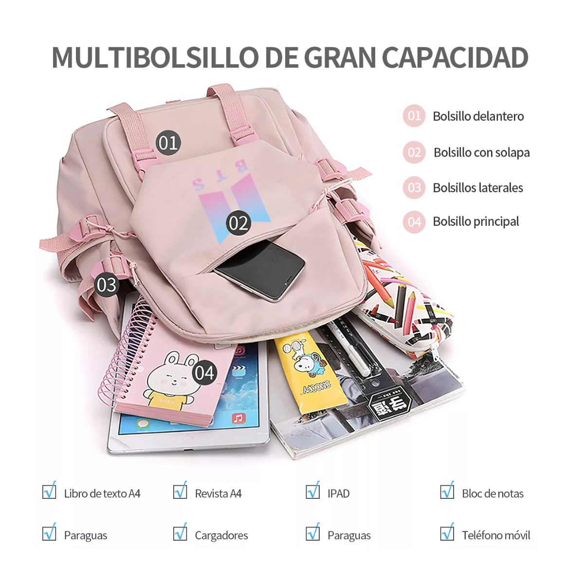 Mochila escolar Genérica Rosa diseño BTS