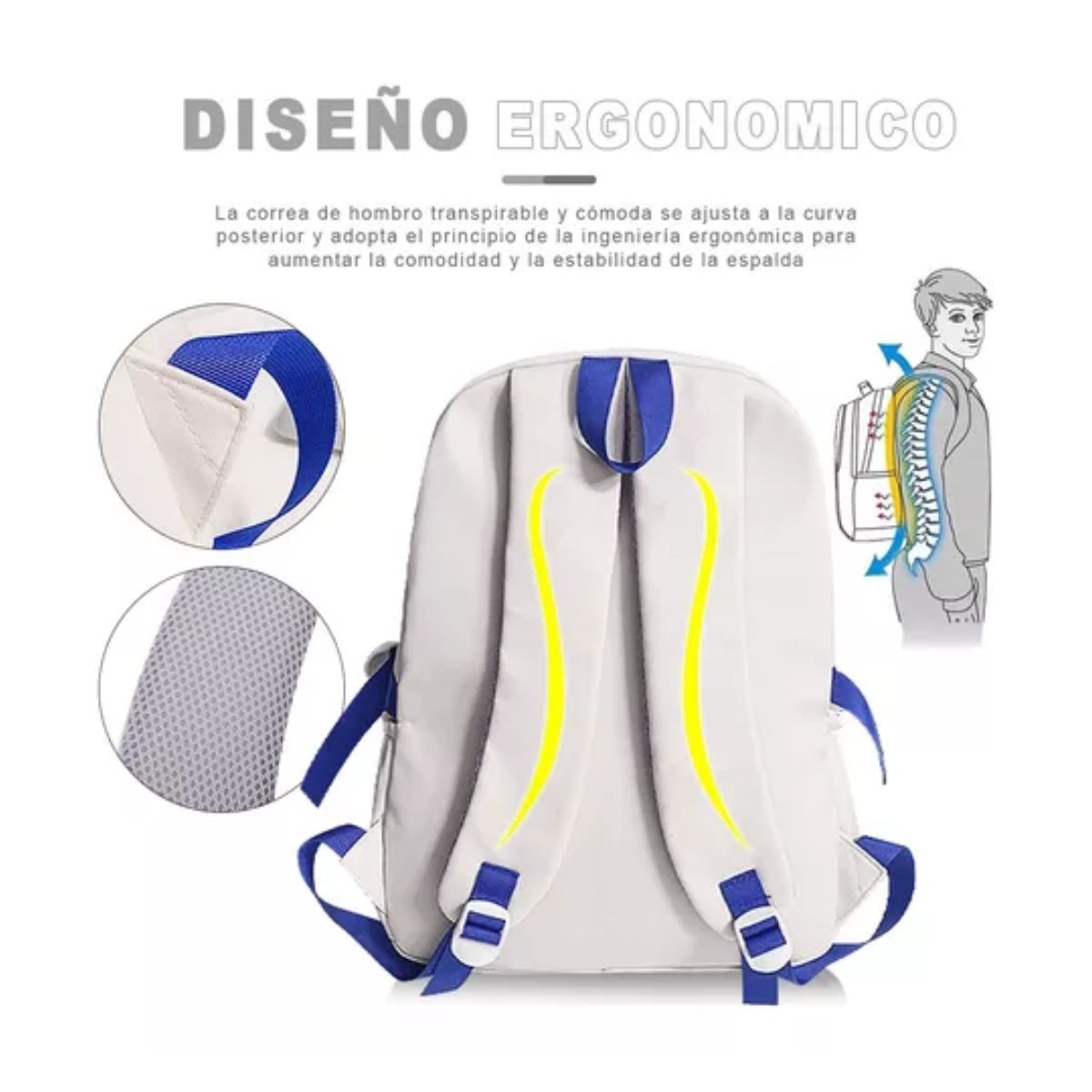 Mochila Escolar De Gran Capacidad Bolsa Blanco/Azul