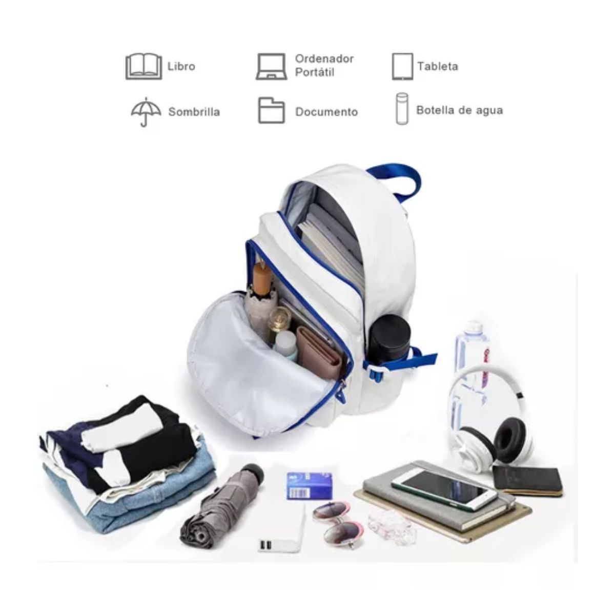 Mochila Escolar De Gran Capacidad Bolsa Blanco/Azul