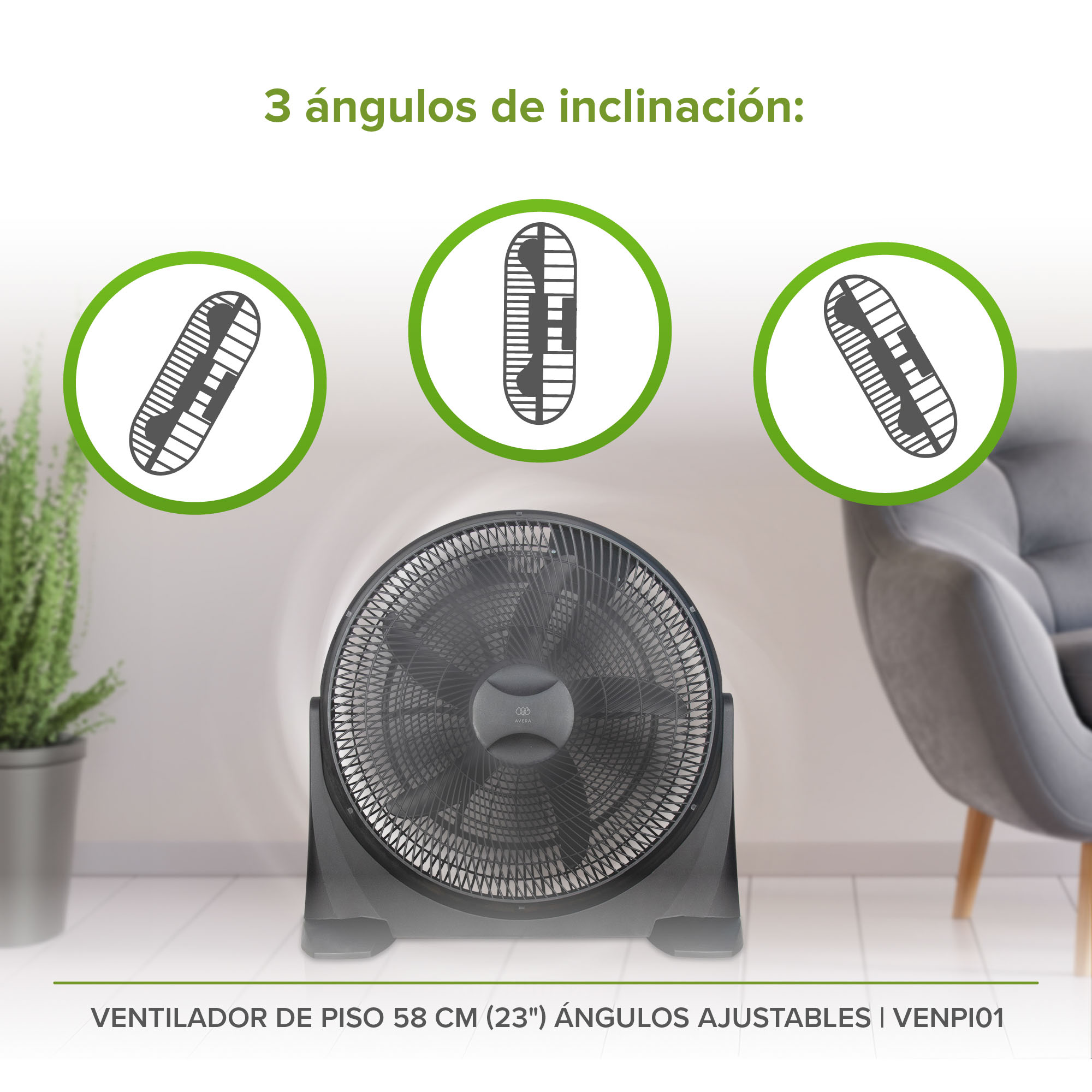  Ventilador De  Piso 23 Pulgadas Ángulos Ajustables 3 Velocidades Avera VENPI01