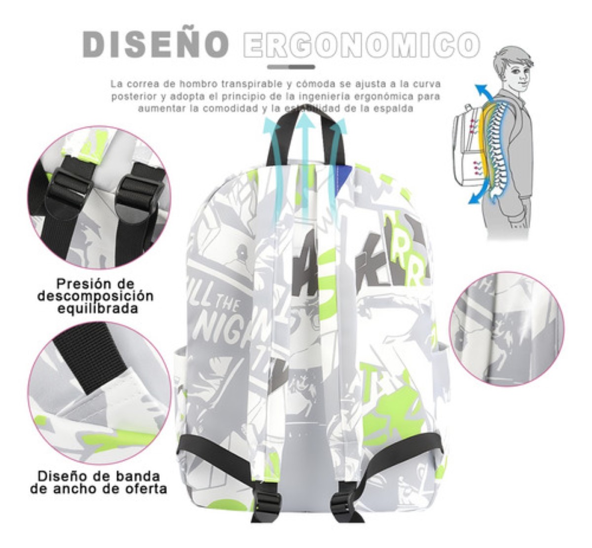 Mochilas Impermeables Escolares Blanco Grafiti gris 