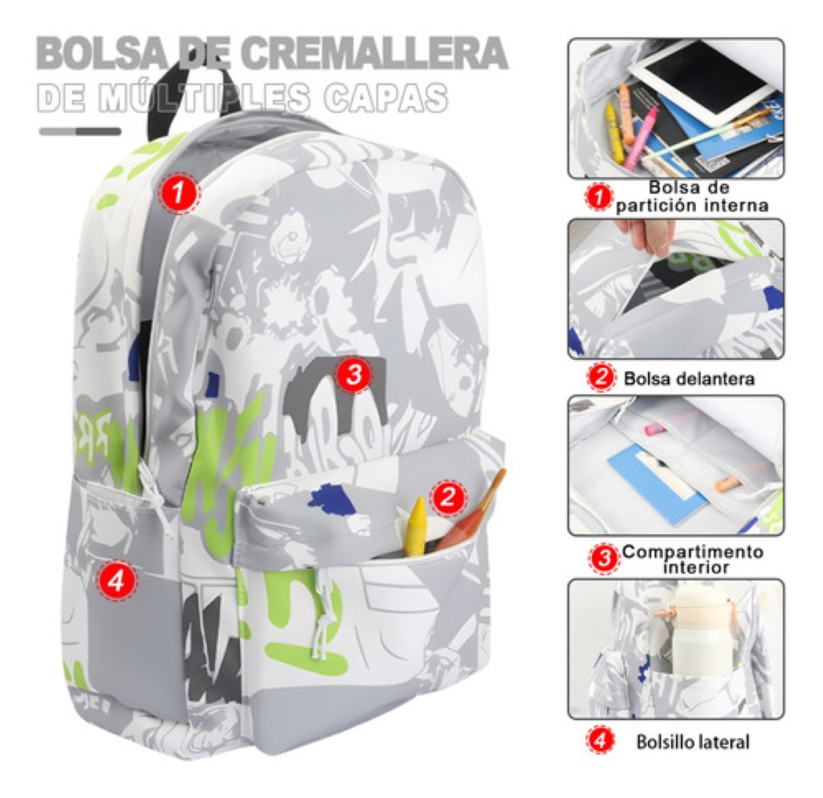 Mochilas Impermeables Escolares Blanco Grafiti gris