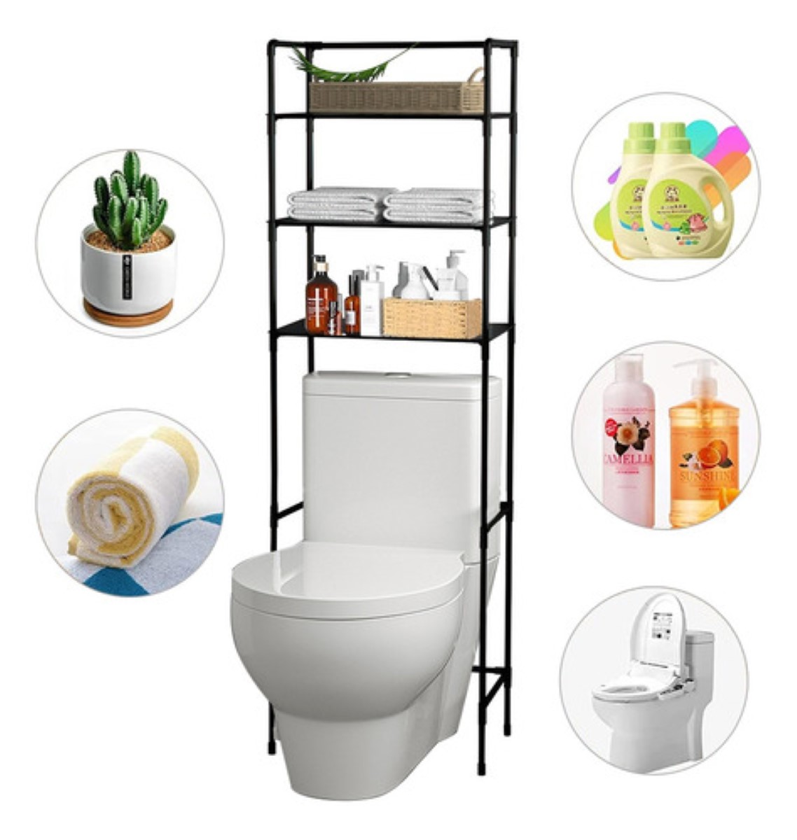 Mueble Organizador Baño Rack Estante Sanitario Taza Repisa Negro